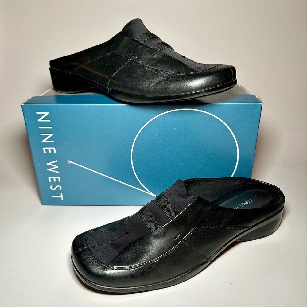 Nine West Women’s Renny Black Leather Slip On Mules Shoes. Size 9…